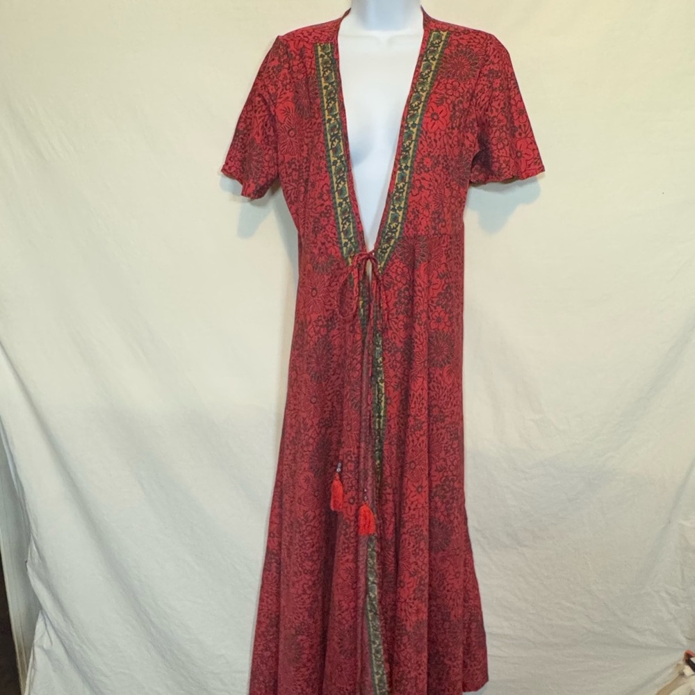 B-82 Aller Simplement Red & Black Floral Short Sleeve Tie Front Long Suit Jacket